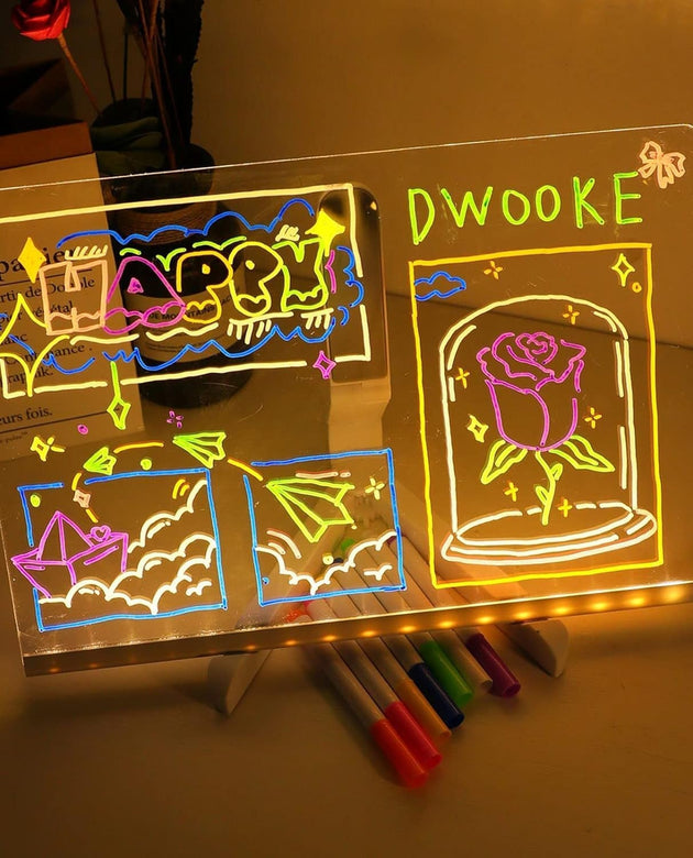 2025 LED Note Board with 7 Colors Pen,Magic Note Board Glowing Acrylic Message Marker Board with Light,Led Illuminated Drawing Board Light up Dry Erase Board with Stand for Office School Home 8 * 8In