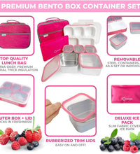 Stainless Steel Bento Lunch Box Set for Adults, Kids - Insulated Bag and Ice Pack - Leak-Proof Metal Compartment Meal Prep Food & Snack Containers for Work Travel School Daycare, 34 Oz Pink
