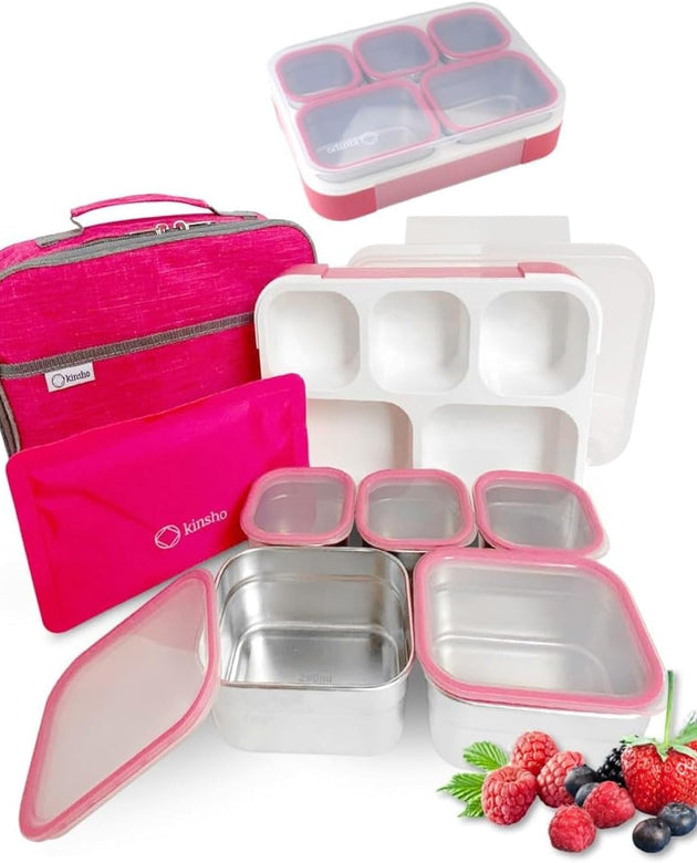 Stainless Steel Bento Lunch Box Set for Adults, Kids - Insulated Bag and Ice Pack - Leak-Proof Metal Compartment Meal Prep Food & Snack Containers for Work Travel School Daycare, 34 Oz Pink