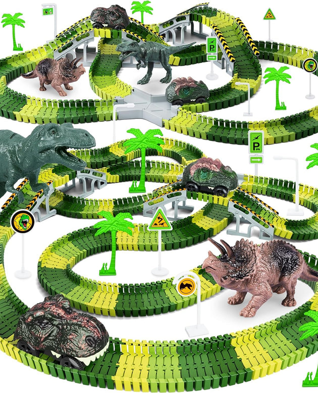 Dinosaur Toys, 252 PCS Create a Dinosaur World Road Race Tracks, Flexible Track Playset, 2Pcs Dinosaur Car for 3 4 5 6 Year Old Boys Girls Birthday Party Favor Gift