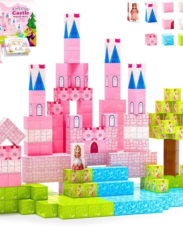 64 Pcs Magnetic Blocks-Princess Castle Collection World,Magnetic Building Blocks for 3+ Year Old Boys & Girls, Creative STEM Sensory Toys,Christmas Birthday Gifts for Kids Ages 3-8