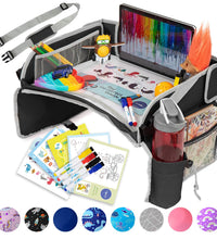 Kids Travel Tray for Car - Car Seat Tray with Activity Sheets & Pens, Road Trip Essentials for Car & Airplane, Must Have Toddler Travel Lap Desk Accessories - Road Trip Activities for Kids