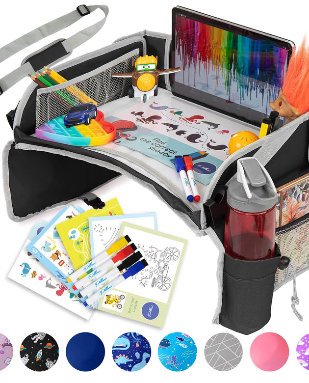 Kids Travel Tray for Car - Car Seat Tray with Activity Sheets & Pens, Road Trip Essentials for Car & Airplane, Must Have Toddler Travel Lap Desk Accessories - Road Trip Activities for Kids